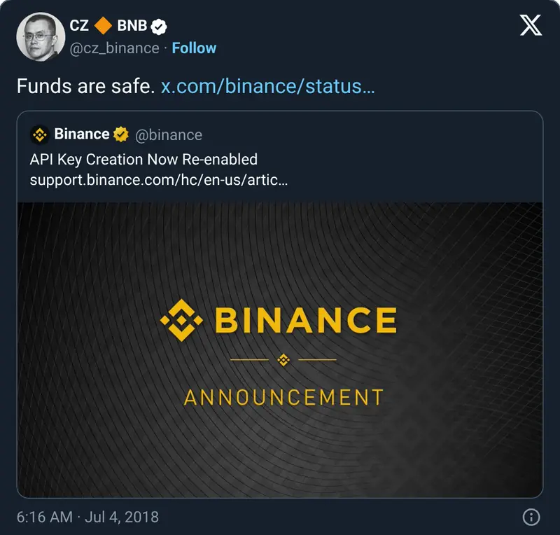 Пост CZ «Funds are safe.», 4 июл 2018